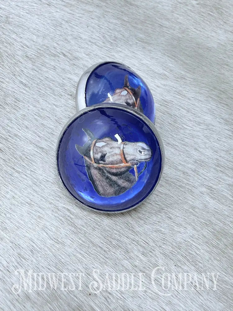 Vintage Blue Horse Head Portrait Bridle Rosettes Set of 2 Conchos