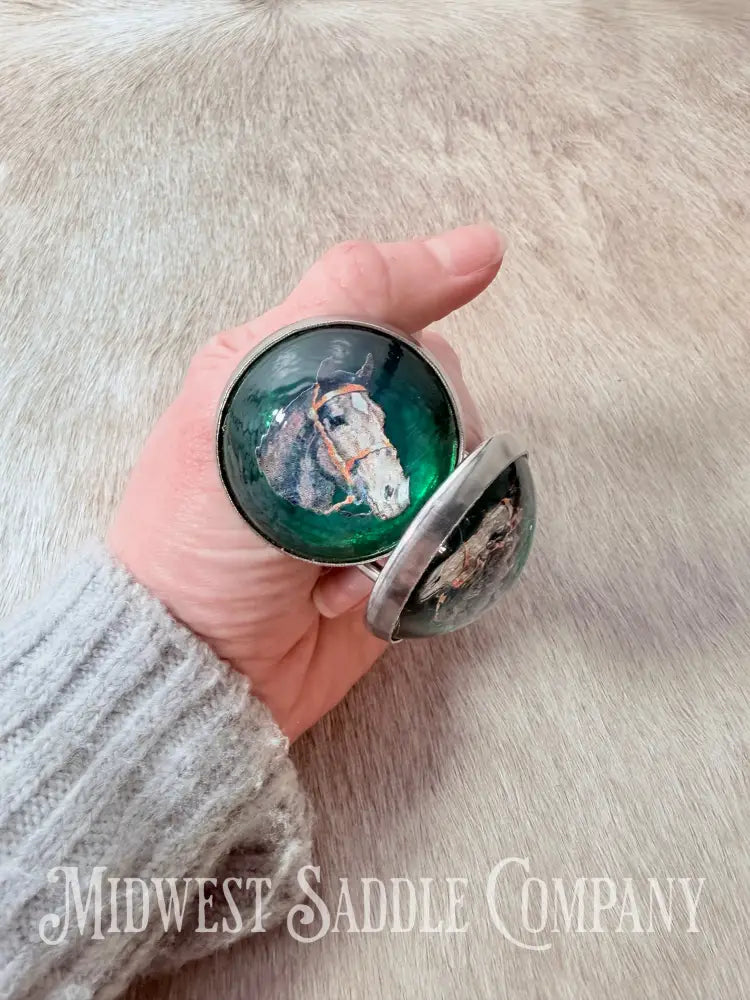 Vintage Green Horse Head Portrait Bridle Rosettes Set of 2 Conchos