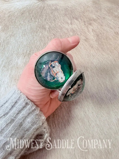 Vintage Green Horse Head Portrait Bridle Rosettes Set of 2 Conchos