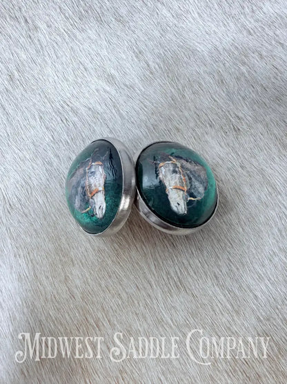 Vintage Green Horse Head Portrait Bridle Rosettes Set of 2 Conchos