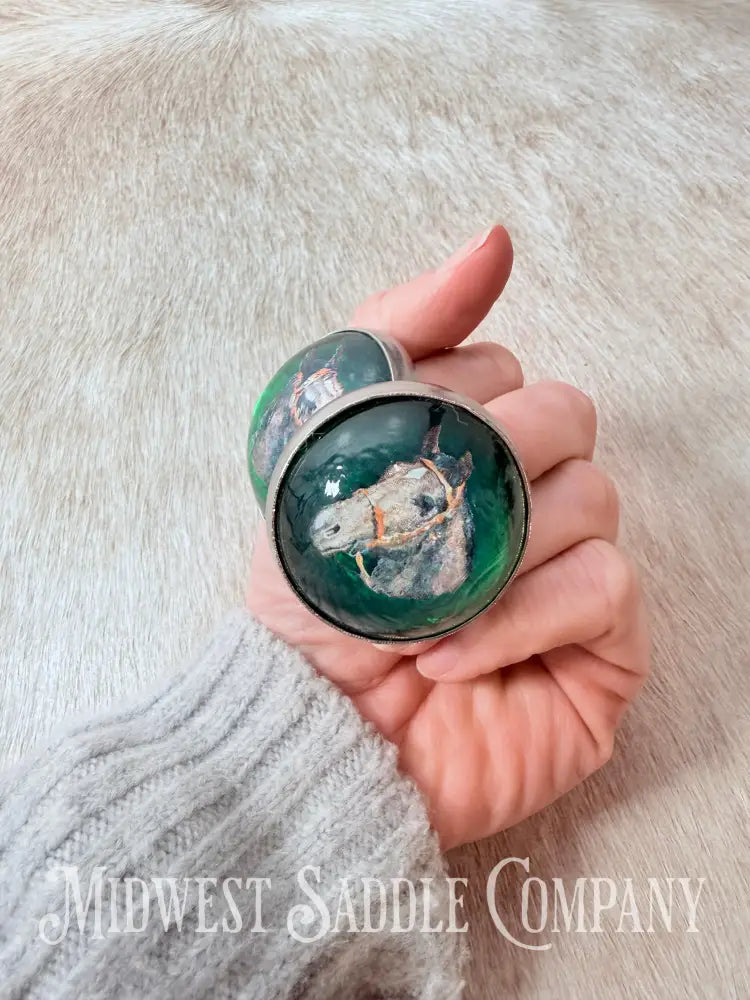 Vintage Green Horse Head Portrait Bridle Rosettes Set of 2 Conchos