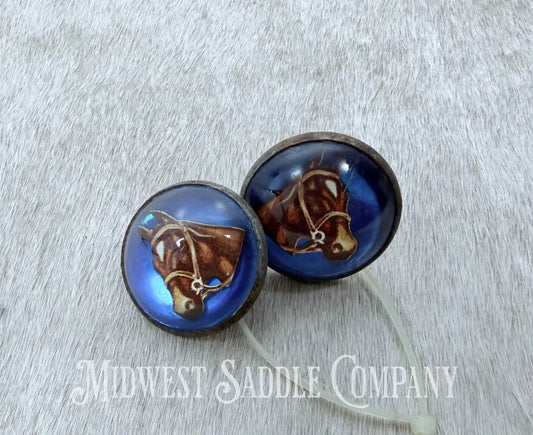 Vintage H.A. Chapman Blue Horse Portrait Bridle Rosettes Set of 2 Conchos