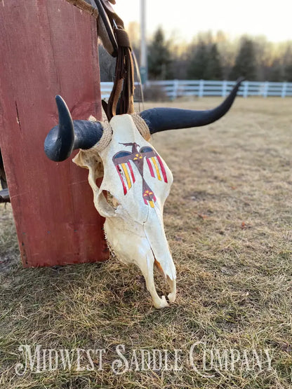 Western Steer Bull Skull With Hand-Painted Native American Thunderbird Artwork