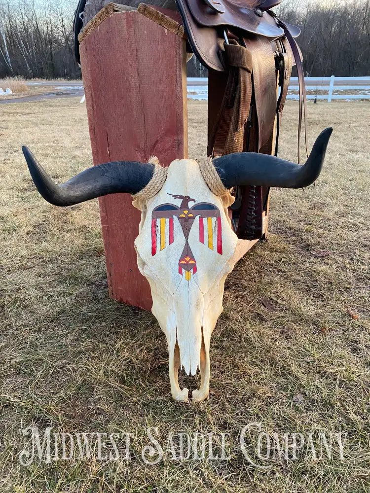 Western Steer Bull Skull With Hand-Painted Native American Thunderbird Artwork