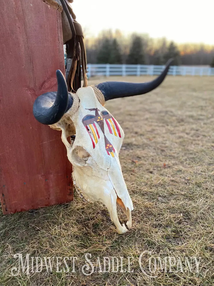 Western Steer Bull Skull With Hand-Painted Native American Thunderbird Artwork