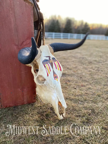 Western Steer Bull Skull With Hand-Painted Native American Thunderbird Artwork