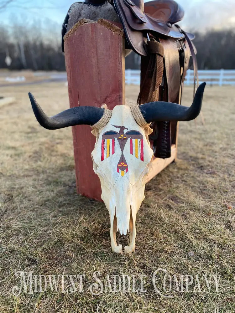 Western Steer Bull Skull With Hand-Painted Native American Thunderbird Artwork