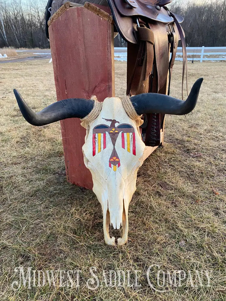 Western Steer Bull Skull With Hand-Painted Native American Thunderbird Artwork