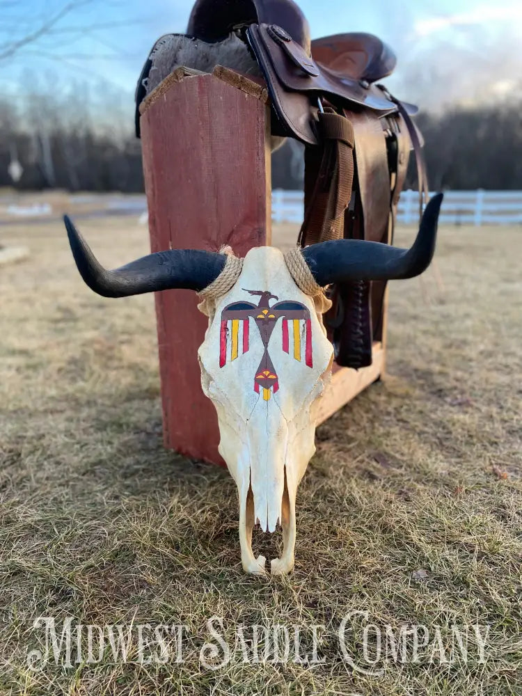 Western Steer Bull Skull With Hand-Painted Native American Thunderbird Artwork