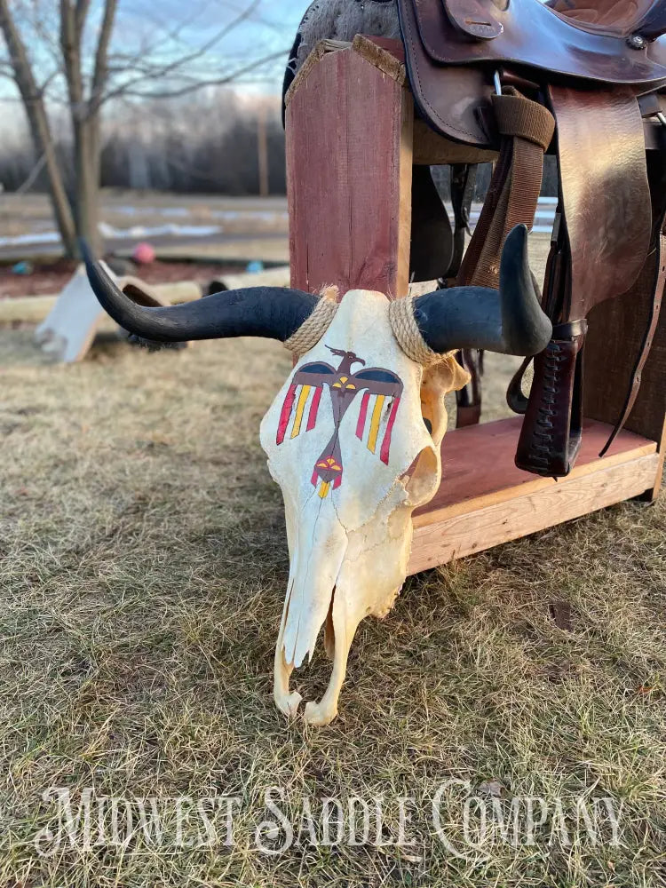 Western Steer Bull Skull With Hand-Painted Native American Thunderbird Artwork