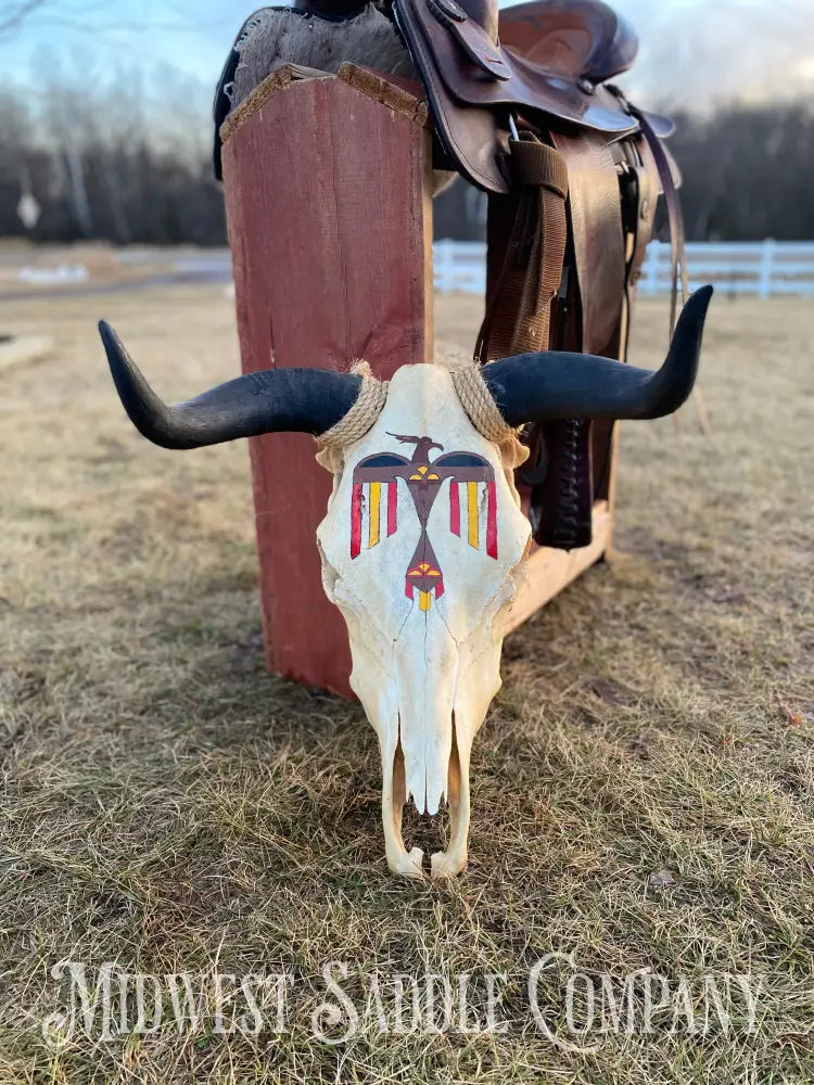 Western Steer Bull Skull With Hand-Painted Native American Thunderbird Artwork